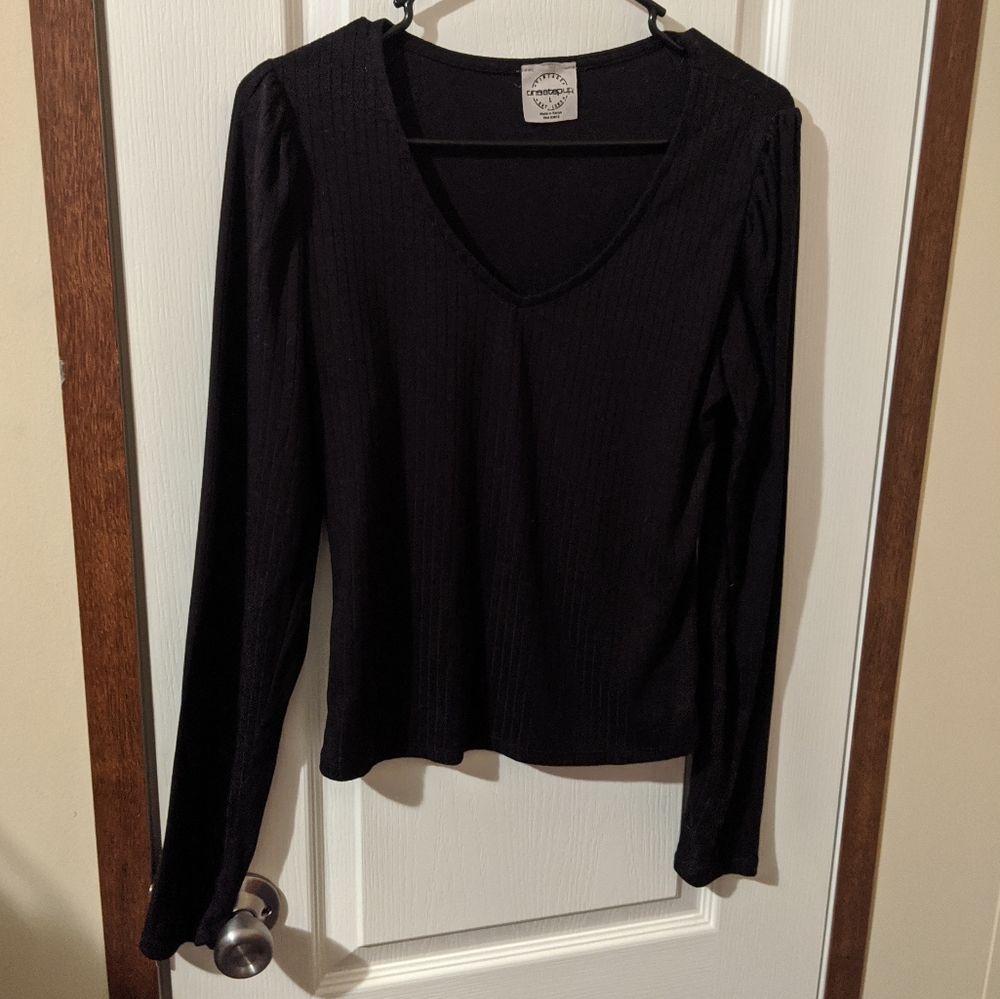 SALE Black Long Sleeve Ribbed V Neck Crop Top Shirt One Step Ahead Large